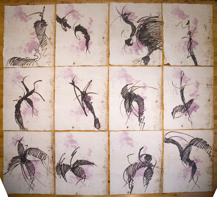An image showing a selection of one dozen gesture drawings that were flooded